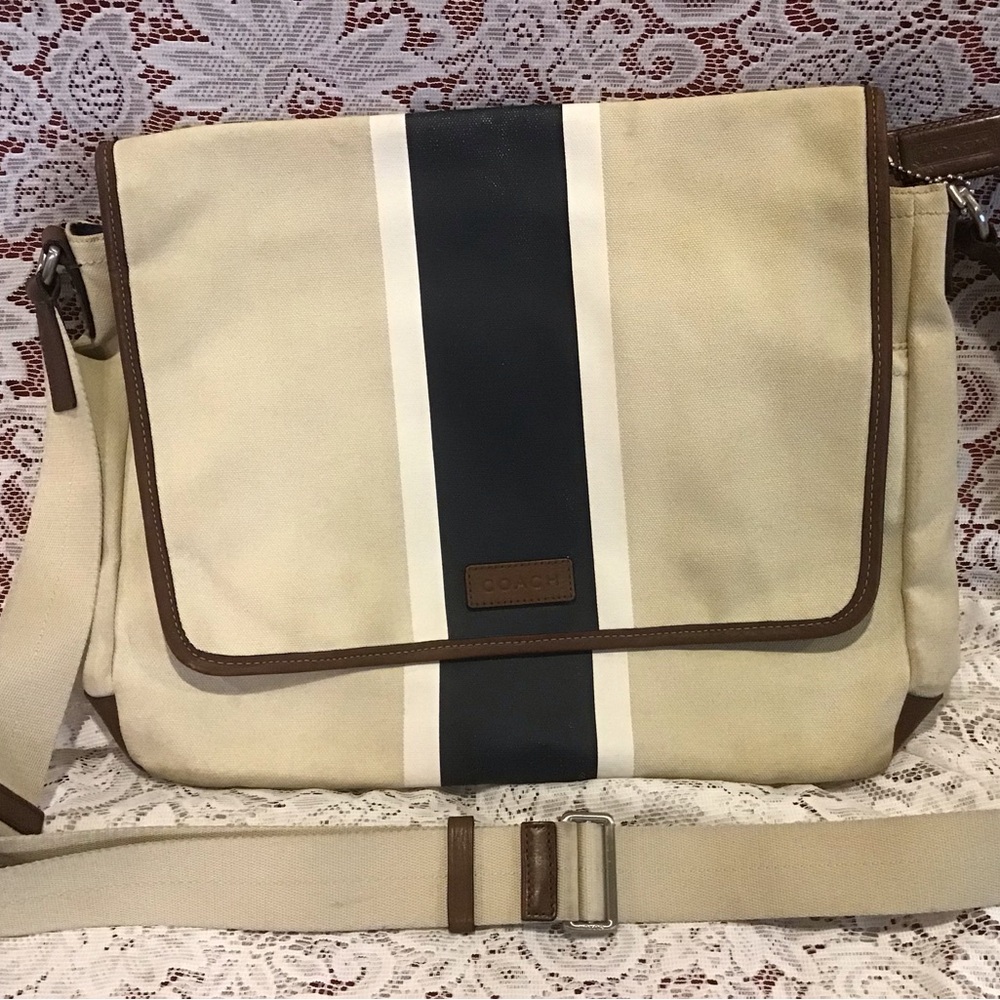 COACH KHAKI/BROWN/NAVY Messenger/Computer Bag with Nickel Hardware & Hangtag